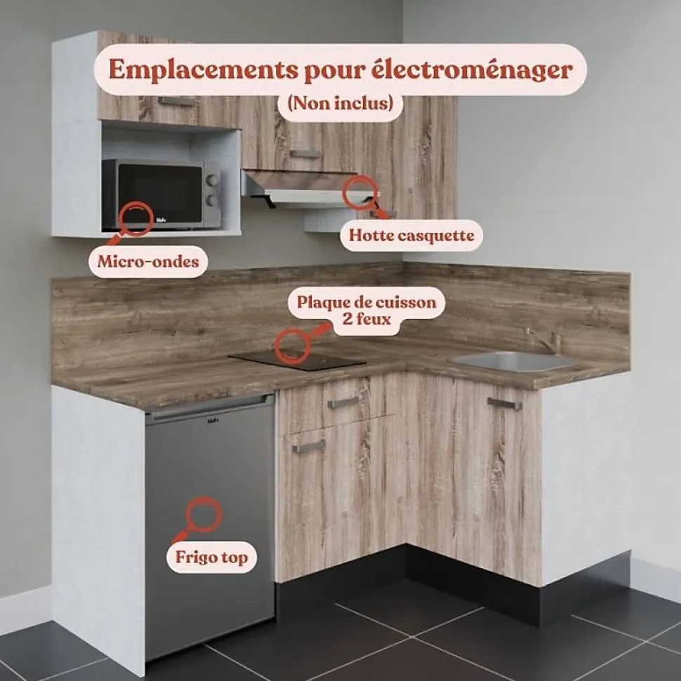 Kitchenette KA03 - 128 cm - Façades : Bois - Plan de travail : Bois - Crédences : Oui - Evier
