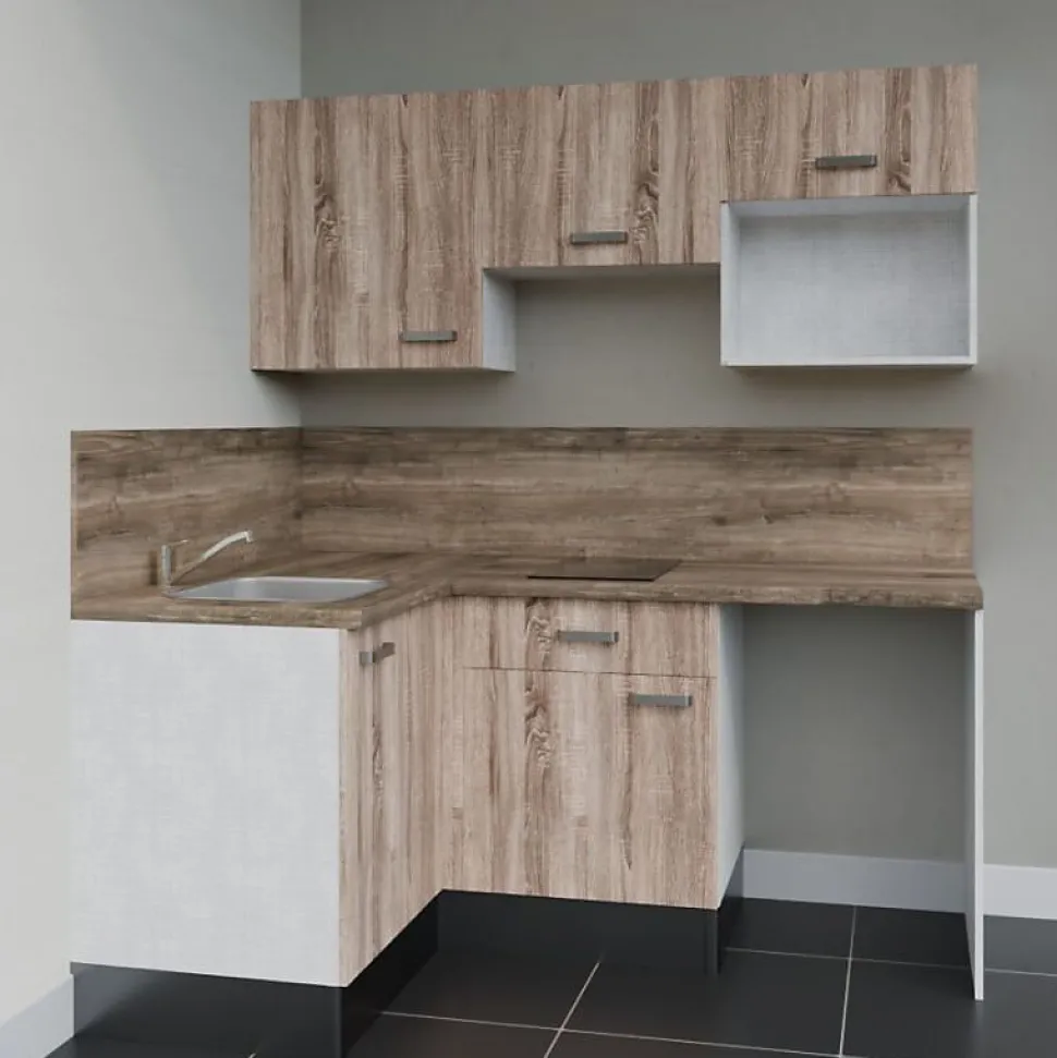 Kitchenette KA03 - 128 cm - Façades : Bois - Plan de travail : Bois - Crédences : Oui - Evier