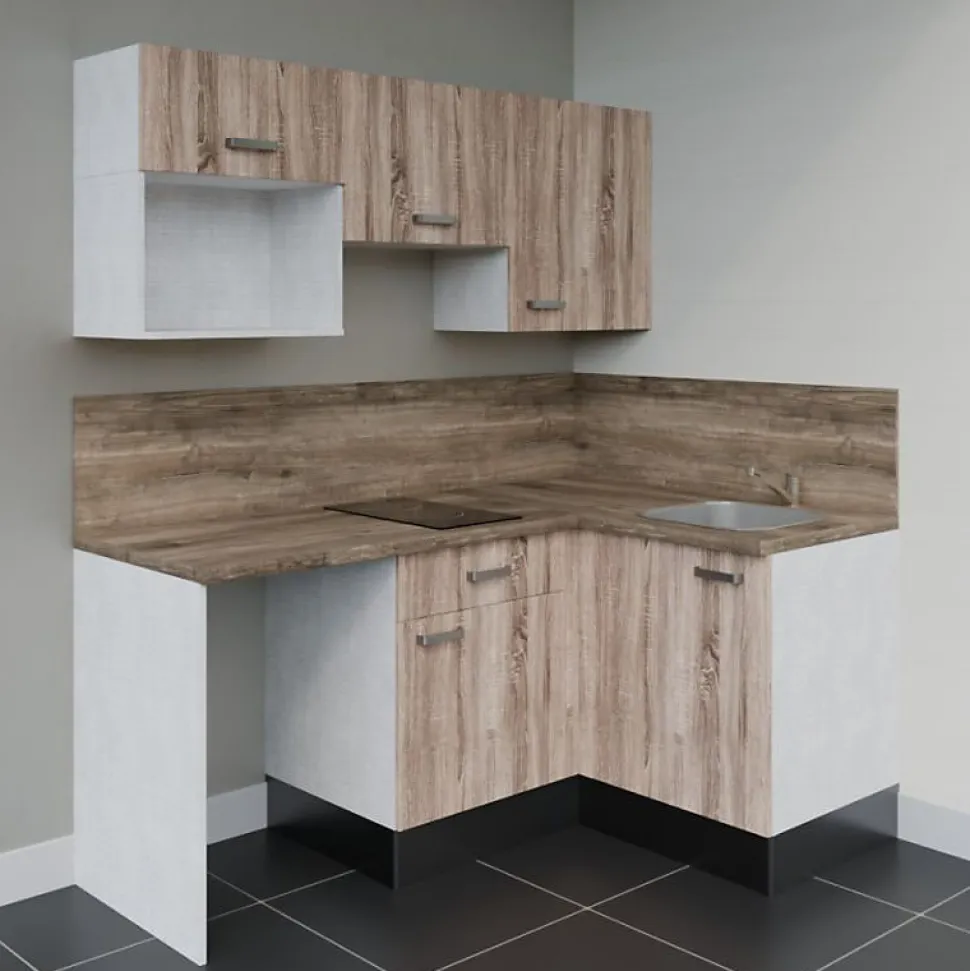 Kitchenette KA03 - 128 cm - Façades : Bois - Plan de travail : Bois - Crédences : Oui - Evier