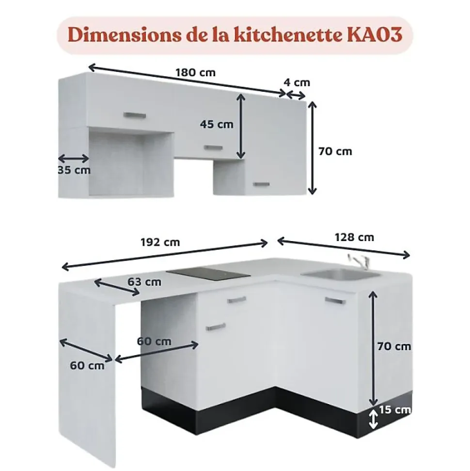 Kitchenette KA03 - 128 cm - Façades : Bois - Plan de travail : Bois - Crédences : Oui - Evier