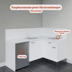 Kitchenette KA01 - 128 cm - Façades : Blanc - Plan de travail : Blanc - Crédences : Oui - Evier