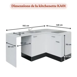 Kitchenette KA01 - 128 cm - Façades : Blanc - Plan de travail : Bois - Crédences : Non - Evier