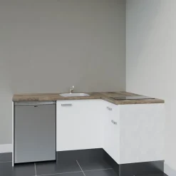 Kitchenette KA01 façades Blanc - Plan de travail Bois - Crédences : Non - Evier inox - Electroménager Inox inclus