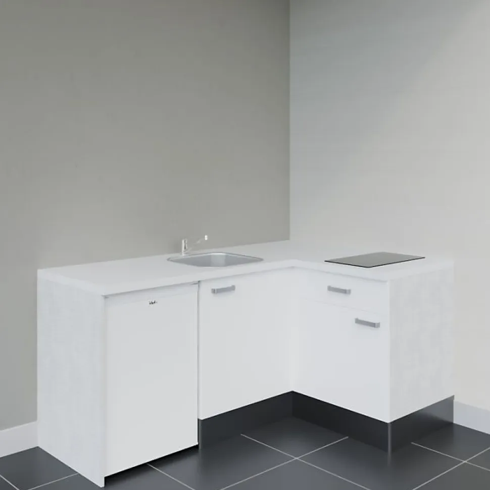 Kitchenette KA01 façades Blanc - Plan de travail Blanc - Crédences : Non - Evier inox - Electroménager Blanc inclus