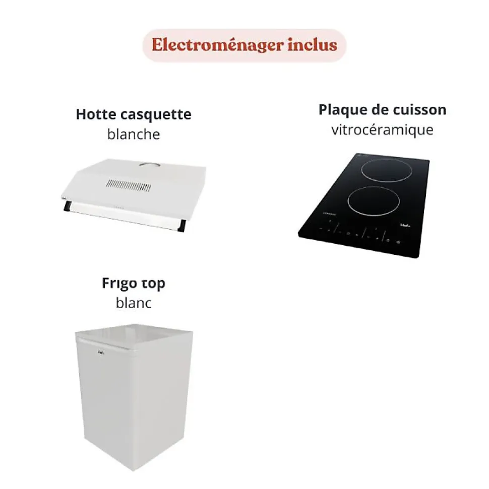 Kitchenette KA02 façades Blanc - Plan de travail Bois - Crédences : Non - Evier inox - Electroménager Blanc inclus