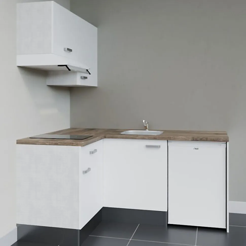 Kitchenette KA02 façades Blanc - Plan de travail Bois - Crédences : Non - Evier inox - Electroménager Blanc inclus