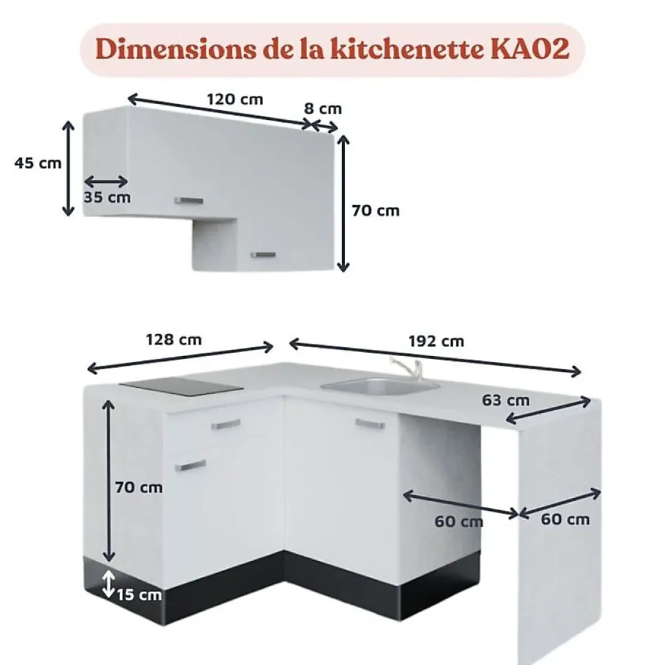 Kitchenette KA02 façades Blanc - Plan de travail Bois - Crédences : Non - Evier inox - Electroménager Blanc inclus