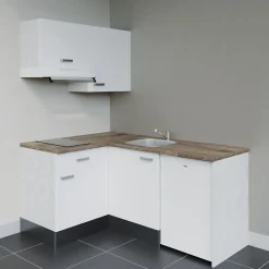Kitchenette KA02 façades Blanc - Plan de travail Bois - Crédences : Non - Evier inox - Electroménager Blanc inclus