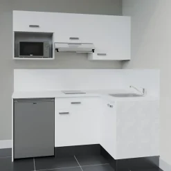 Kitchenette KA03 façades Blanc - Plan de travail Blanc - Crédences : Oui - Evier inox - Electroménager Inox inclus