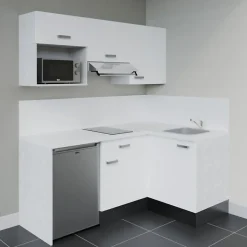 Kitchenette KA03 façades Blanc - Plan de travail Blanc - Crédences : Oui - Evier inox - Electroménager Inox inclus