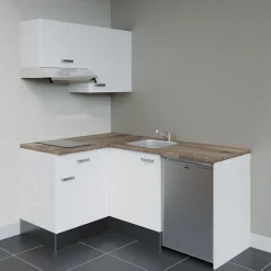 Kitchenette KA02 façades Blanc - Plan de travail Bois - Crédences : Non - Evier inox - Electroménager Inox inclus