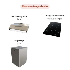 Kitchenette KA02 façades Blanc - Plan de travail Bois - Crédences : Non - Evier inox - Electroménager Inox inclus