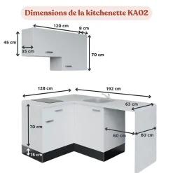 Kitchenette KA02 façades Blanc - Plan de travail Bois - Crédences : Non - Evier inox - Electroménager Inox inclus