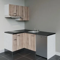 Kitchenette KA02 façades Bois - Plan de travail Noir texturé - Crédences : Non - Evier inox - Electroménager Inox inclus