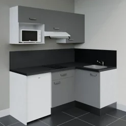 Kitchenette KA03 façades Gris - Plan de travail Noir texturé - Crédences : Oui - Evier inox - Electroménager Blanc inclus