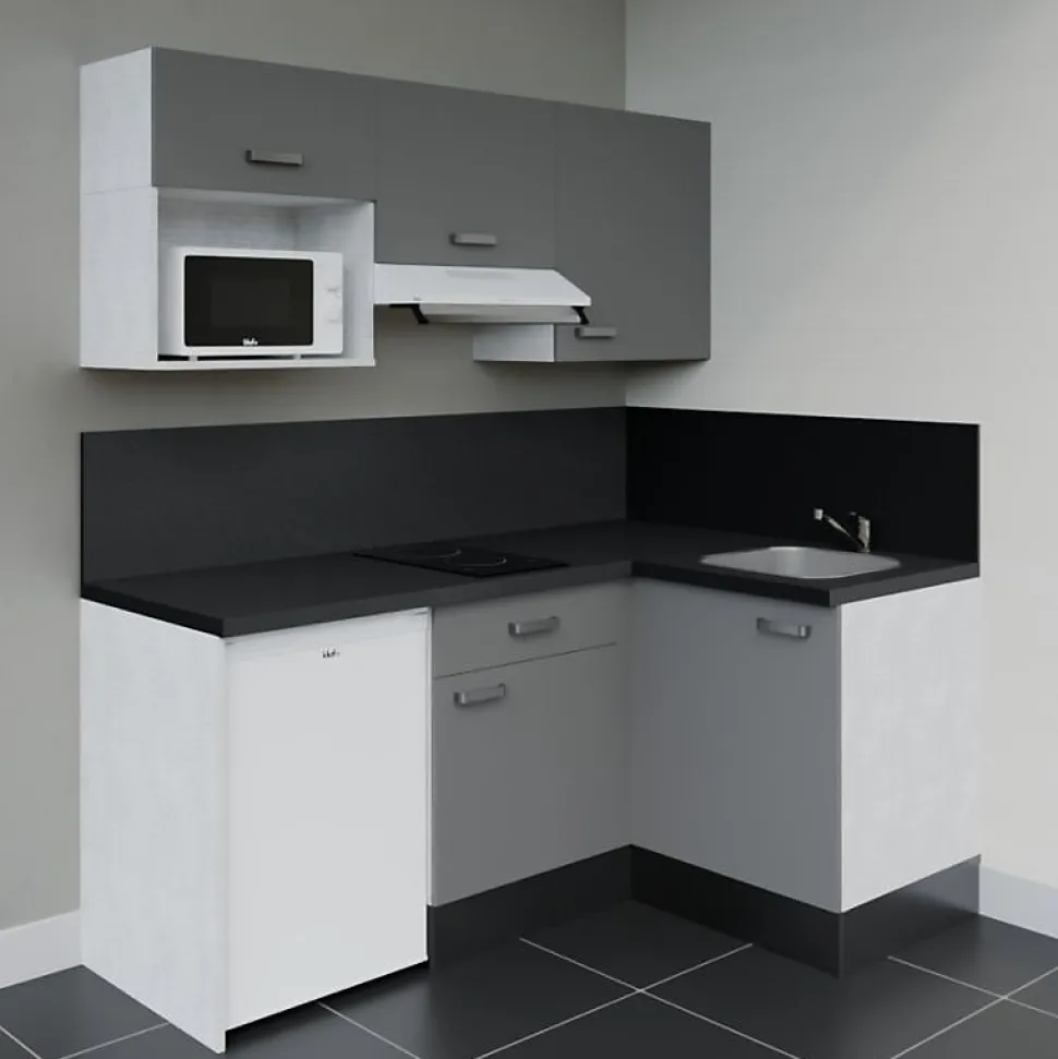 Kitchenette KA03 façades Gris - Plan de travail Noir texturé - Crédences : Oui - Evier inox - Electroménager Blanc inclus
