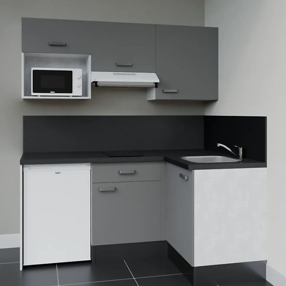 Kitchenette KA03 façades Gris - Plan de travail Noir texturé - Crédences : Oui - Evier inox - Electroménager Blanc inclus