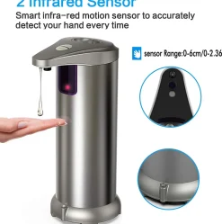KLEENMAC Distributeur de savon automatique en acier inoxydable avec base étanche et détecteur de mouvement infrarouge