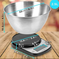 KS5000 BKSS Balance de cuisine Capacité 5 kg Affichage numérique Ajout de poids Précision 1 g Bol 2,5L Pâtisserie Courrier Duronic