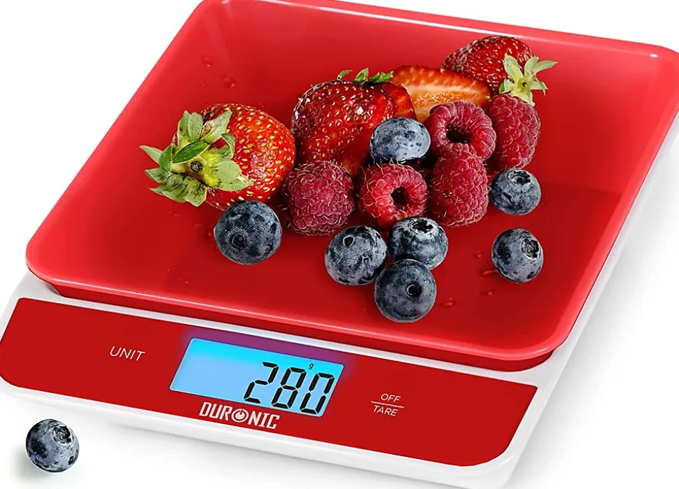 KS100 RD Balance de cuisine Capacité 5 kg Affichage numérique Ajout de poids Précision 1 g Bol 1,2L 4 capteurs précis Duronic