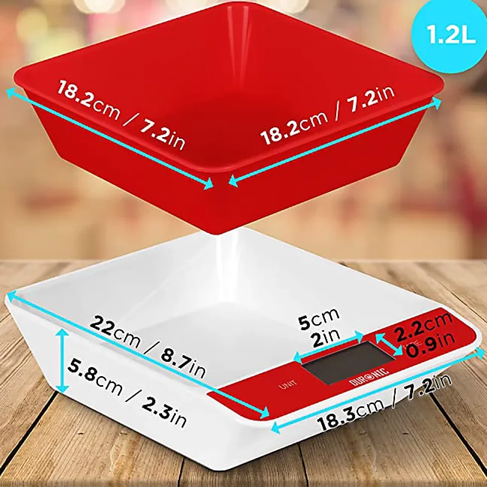 KS100 RD Balance de cuisine Capacité 5 kg Affichage numérique Ajout de poids Précision 1 g Bol 1,2L 4 capteurs précis Duronic