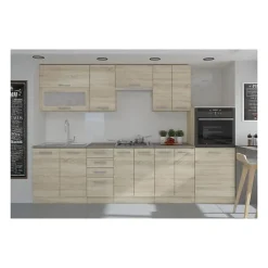 LASSEN Cuisine complete L 300 cm avec demi-colonne four et hotte - Decor chene sonoma