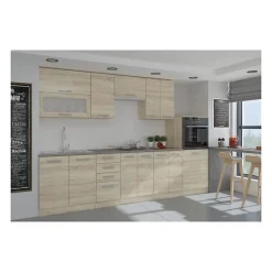 LASSEN Cuisine complete L 300 cm avec demi-colonne four et hotte - Decor chene sonoma