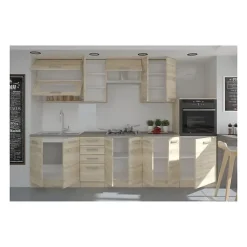 LASSEN Cuisine complete L 300 cm avec demi-colonne four et hotte - Decor chene sonoma