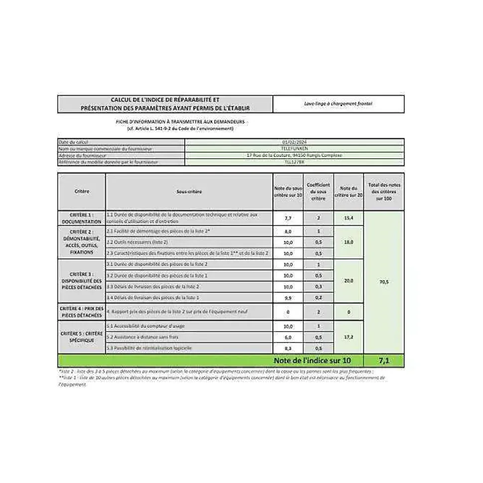 Lave-linge frontal FUNKEN TLL127BK