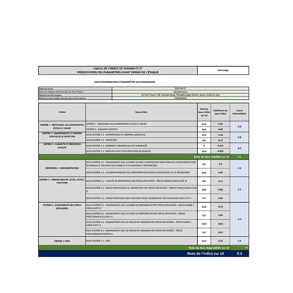 Lave-linge frontal LG F14R33WHS