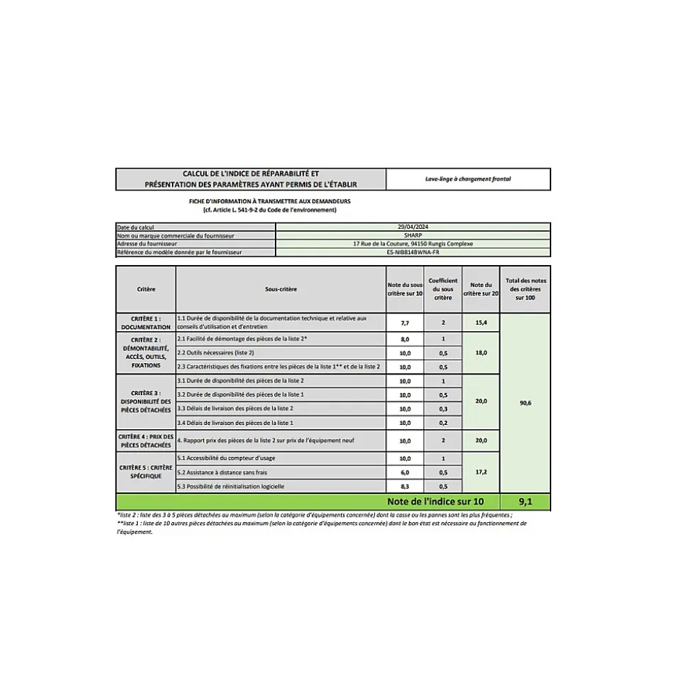 Lave-linge intégrable SHARP ESNIB814BWNA