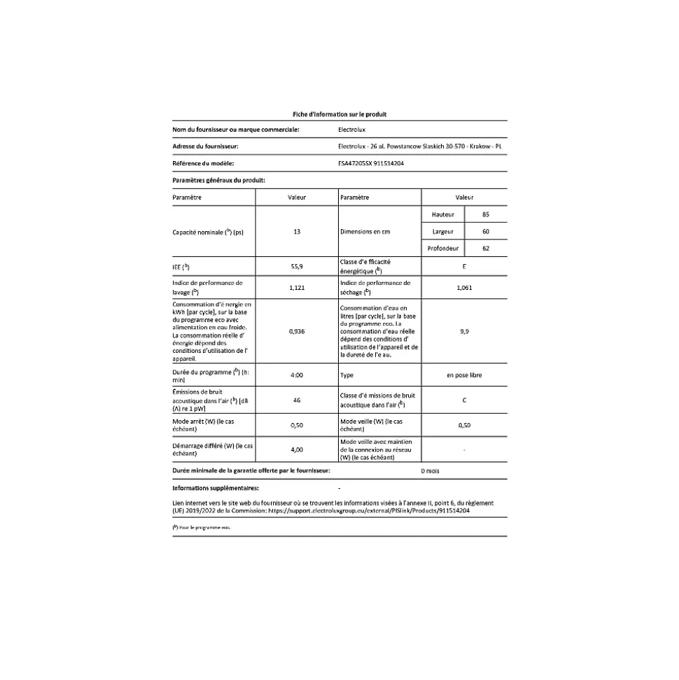 Lave-vaisselle 60cm 13 couverts 46db Electrolux ESA47205SX série 300 airdry