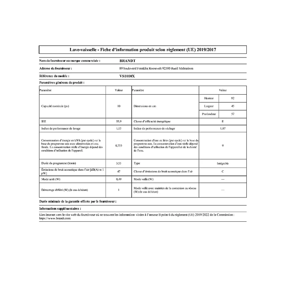 Lave-vaisselle 45cm 10 couverts 47db intégrable avec bandeau Brandt VS1010X