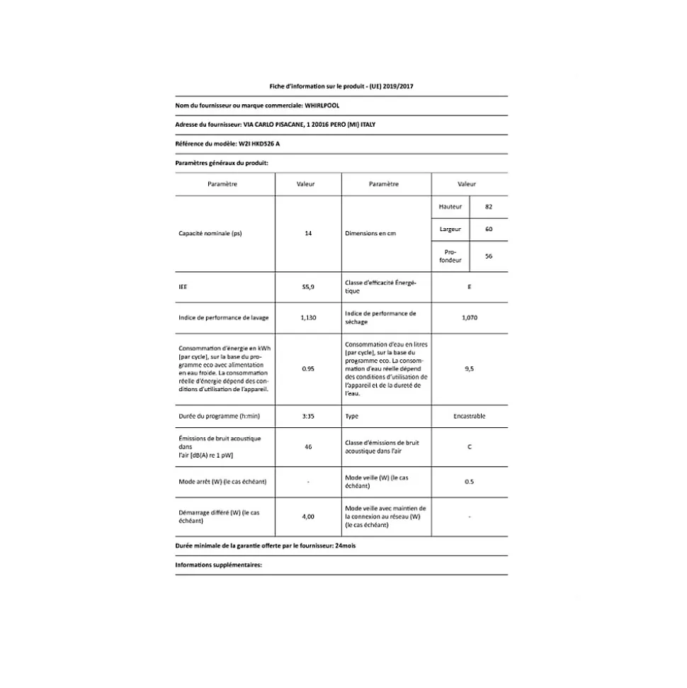 Lave-vaisselle 60cm 14 couverts 46db tout intégrable Whirlpool W2IHKD526A