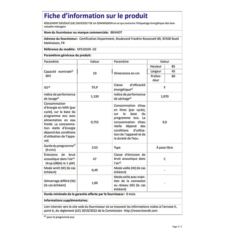 Lave-vaisselle pose libre BRANDT 10 Couverts 45cm A++, BRADFS1010X