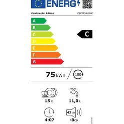 Lave-vaisselle pose-libre - CONTINENTAL EDISON - CELV1544IWP - 15 couverts - Inverter - 60 cm - 42 dB - Blanc