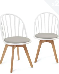Lot 2 Chaises Bistrot à Barreaux Scandinaves Coussin Pieds Bois Clair BOLD (blanc Gris)