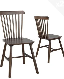 Lot 2 chaises bistrot à barreaux, bois massif hevea, MONA (Bois Foncé)