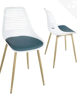 Lot 2 Chaises Cuisine Coussin Simili Pieds Métal Ton Bois Clair GEOS (blanc Bleu)