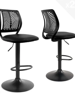 Lot 2 Chaises De Bar Coussin Simili, Pivotant Hauteur Réglable SAWA (noir Intégral)