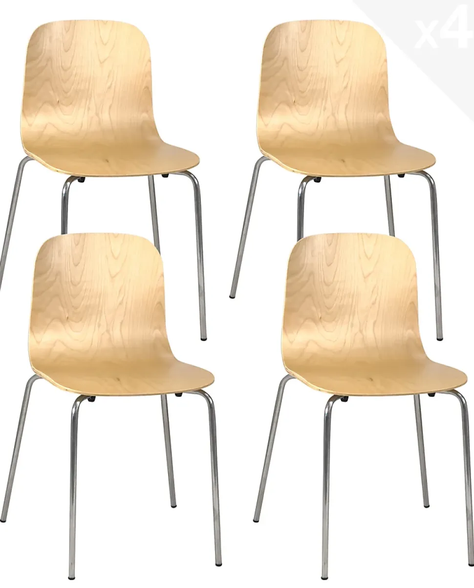Lot 4 Chaises de Cuisine design Retro Siège Bois Pieds Chrome Rio (bois Clair)