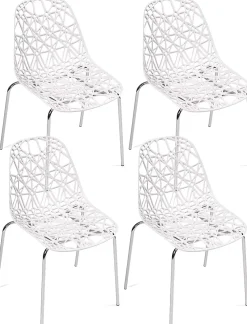 Lot 4 Chaises de Cuisine design Siège dentelle Nid D'abeille Pieds Chrome IKO (blanc)