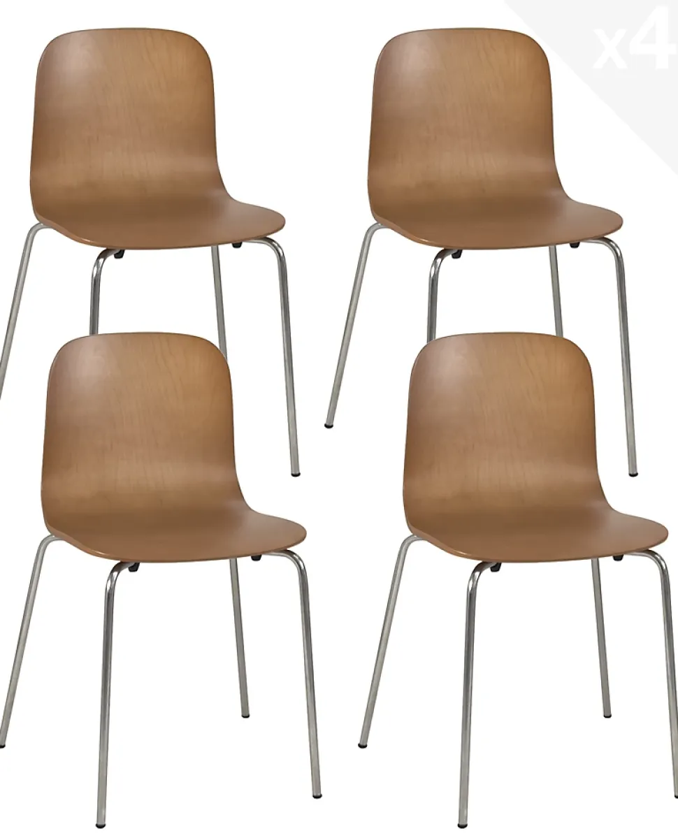 Lot 4 Chaises de Cuisine design Retro Siège Bois Pieds Chrome Rio (bois Foncé)