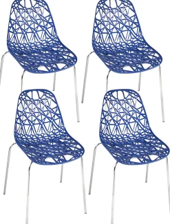Lot 4 Chaises de Cuisine design Siège dentelle Nid D'abeille Pieds Chrome IKO (bleu)