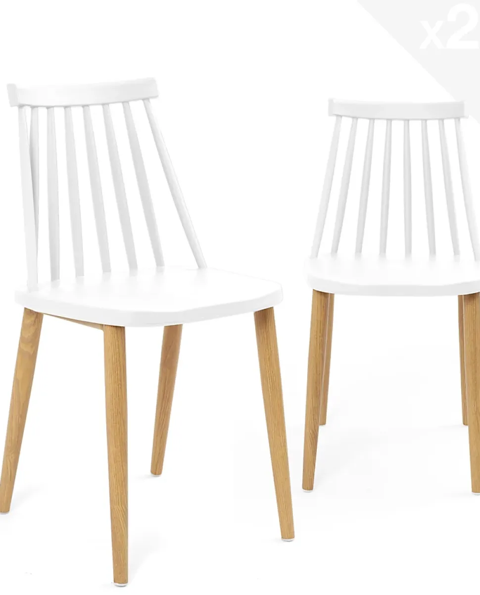 Lot 2 Chaises de Cuisine Scandinaves Plastique à Barreaux Pied Métal Ton Bois BAO (blanc)
