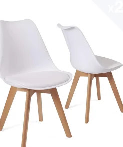 Lot 2 Chaises Scandinaves Large Siège Coussin Simili Pieds Bois Hêtre LAO (blanc)