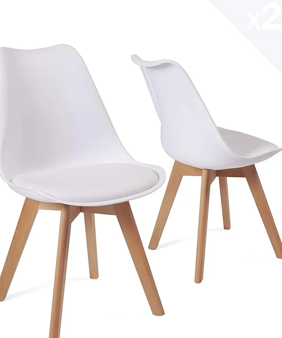 Lot 2 Chaises Scandinaves Large Siège Coussin Simili Pieds Bois Hêtre LAO (blanc)