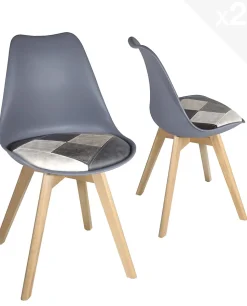 Lot 2 Chaises Scandinaves Coussin Simili Patchwork Pieds Bois Clair LAO (gris Bleu)