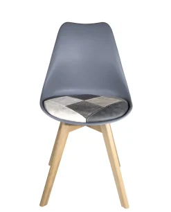 Lot 2 Chaises Scandinaves Coussin Simili Patchwork Pieds Bois Clair LAO (gris Bleu)