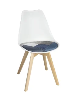 Lot 2 Chaises Scandinaves Coussin Tissu Patchwork Pieds Bois Clair LAO (bleu)